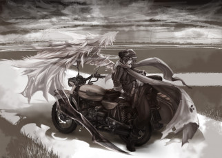 Картинка аниме *unknown+ другое дорога арт парень мотоцикл дух плащ