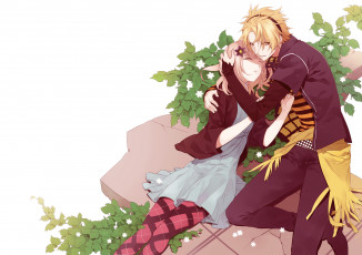Картинка аниме amnesia парень девушка пара toma ремень листья