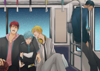 Картинка аниме kuroko+no+baske aomine daiki tetsuya kuroko небо звезды наушники метро kise ryouta вагон kagami taiga парни