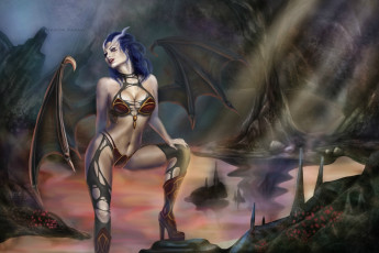 Картинка фэнтези демоны рога девушка демон пещера крылья