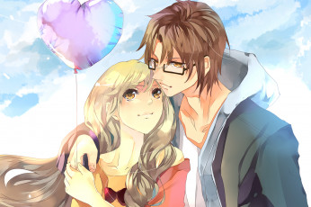 Картинка аниме *unknown+ другое сердце небо очки двое воздушный шарик свидание облака влюбленные парень девушка