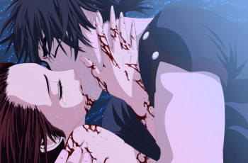 Картинка аниме -weapon +blood+&+technology поцелуй слезы парень кровь девушка звезды ночь капли