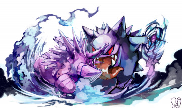 Картинка аниме pokemon покемон арт фиолетовые бой генгар белый фон