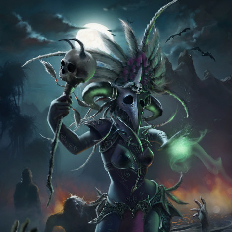 Обои картинки фото видео игры, diablo iii,  reaper of souls, череп, девушка, луна, арт, ночь, перья