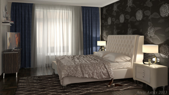 Обои картинки фото 3д графика, realism , реализм, комната, кровать, светильники, телевизор, окно, подушки