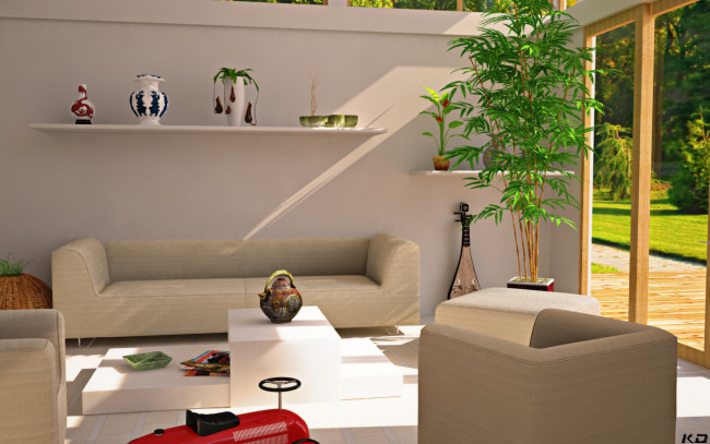 Обои картинки фото 3д графика, realism , реализм, растение, вазы, кресла, диван
