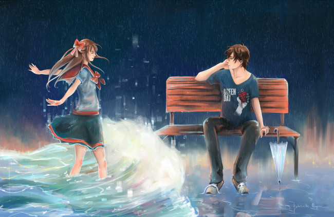 Обои картинки фото аниме, *unknown , другое, волна, вода, девушка, парень, скамейка, зонтик, дождь