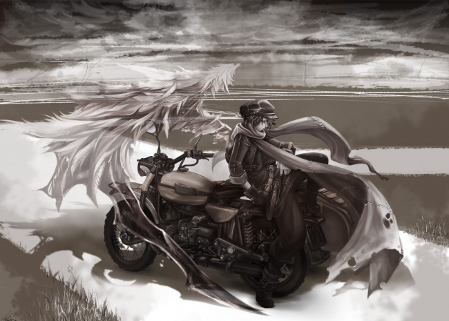 Обои картинки фото аниме, *unknown , другое, дорога, арт, парень, мотоцикл, дух, плащ