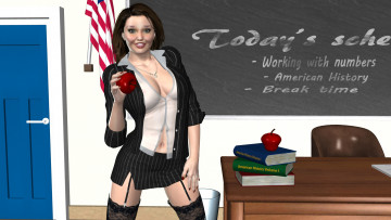 Картинка 3д+графика люди+ people фон девушка взгляд учительница книги стол яблоко улыбка