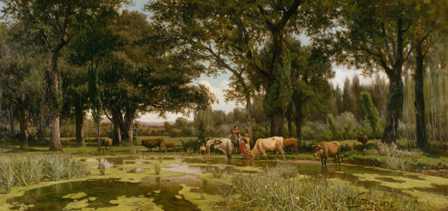 Обои картинки фото рисованное, живопись, деревья, пруд, дети, joaquim, vayreda, summer, bloom, картина, пейзаж, коровы