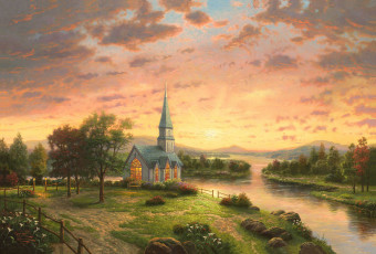 Картинка рисованное живопись река церковь