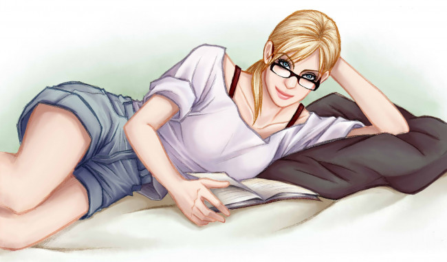 Обои картинки фото рисованное, люди, кровать, девушка, книга, очки, взгляд, фон