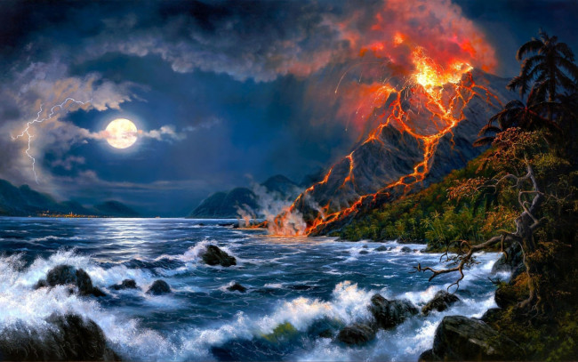 Обои картинки фото рисованное, природа, море, дым, извержение, луна, вулкан, камни, лава