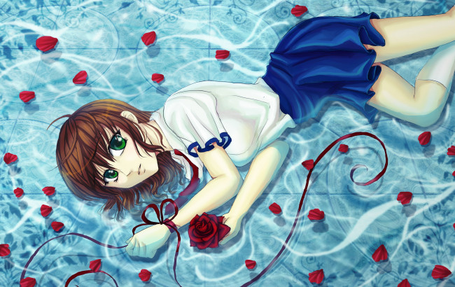 Обои картинки фото аниме, unknown,  другое, взгляд, девушка, фон, роза, вода