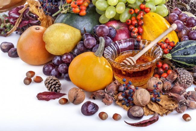 Обои картинки фото еда, разное, мед, орехи, фрукты, ягоды, овощи