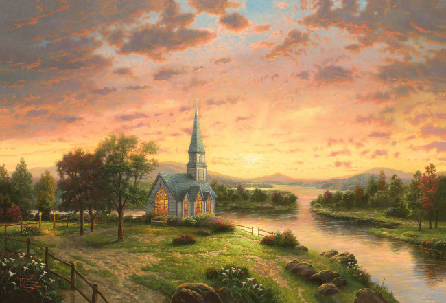 Обои картинки фото рисованное, живопись, река, церковь