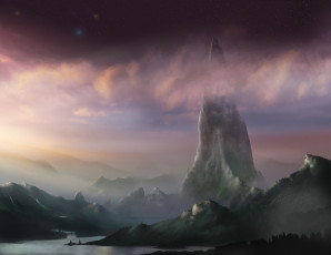Картинка фэнтези пейзажи пейзаж горы озеро пик скала