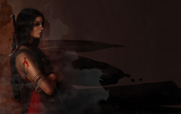 Картинка фэнтези девушки оружие меч кровь рука рана пирсинг лицо
