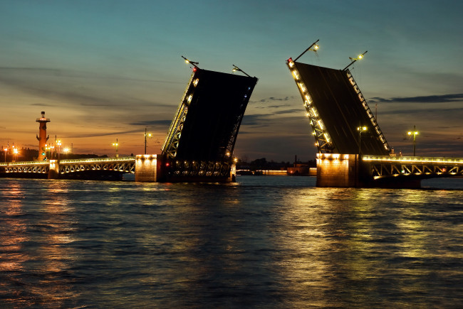 Обои картинки фото города, санкт-петербург,  петергоф , россия, мост, огни, ночь, река