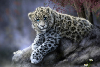 Картинка рисованное животные ирбис камень перышко ромашки снежный барс кошка леопард животное