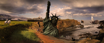 Картинка фэнтези фотоарт постапокалипсис свободы запустение корабль статуя мир иной море