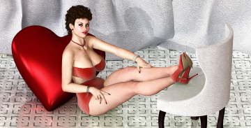 Картинка 3д+графика люди+ people девушка взгляд фон стул подушка улыбка
