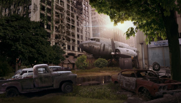 Картинка фэнтези фотоарт руины самолет город разрушения запустение постапокалипсис