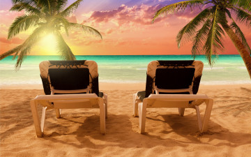 Картинка природа тропики солнце sea beach пальмы песок море sand tropical paradise shore берег пляж шезлонги