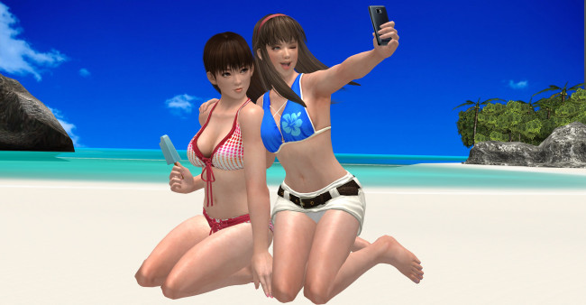 Обои картинки фото 3д графика, аниме , anime, пляж, фон, девушки, взгляд