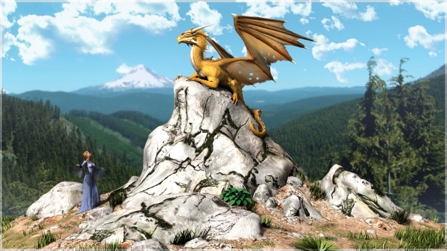 Обои картинки фото 3д графика, существа , creatures, девушка, дракон, лес, скала, горы