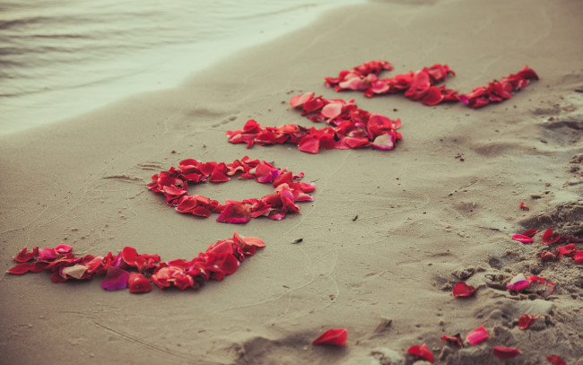 Обои картинки фото праздничные, день святого валентина,  сердечки,  любовь, романтика, песок, лепестки, пляж, любовь, sea, beach, sand, petals, sweet, love, romantic