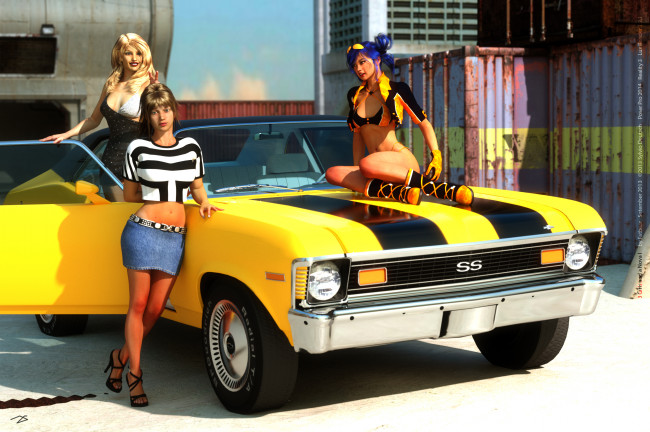 Обои картинки фото автомобили, 3d car&girl, фон, взгляд, девушки, автомобиль