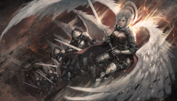 Картинка фэнтези ангелы меч крылья рыцари фон девушка нимб