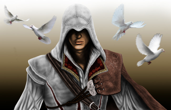Обои картинки фото видео игры, assassin`s creed, мужчина, фон, голуби, капюшон