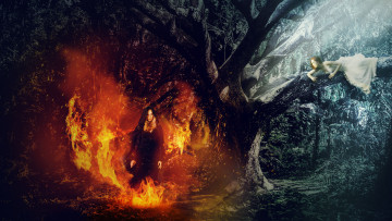 Картинка фэнтези фотоарт девушки фон дерево огонь
