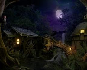 Картинка рисованное города ночь луна мост дома огни деревья