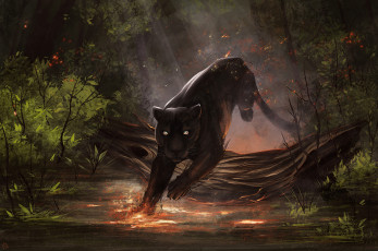Картинка рисованное животные прыжок пантера хищник джунгли арт большая кошка