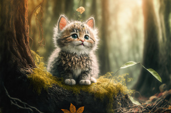 Картинка рисованное животные лес кошка природа рендеринг котенок графика мох зверушка малыш детеныш милота цифровое искусство диджитал арт ии-арт нейросеть искусственного интеллекта