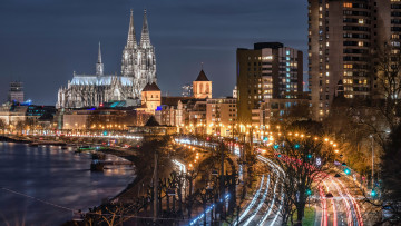 Картинка города кельн+ германия река вечер огни