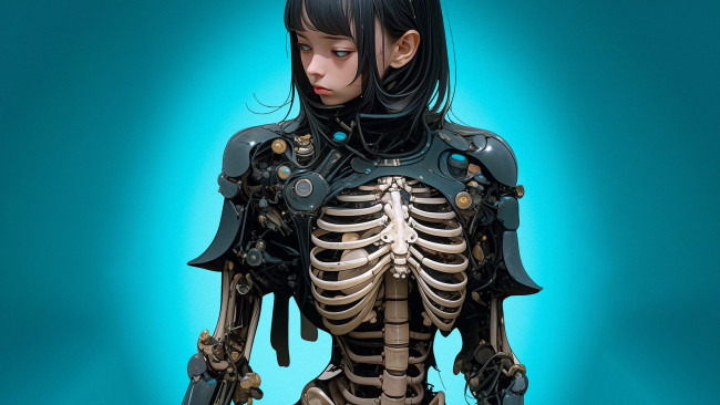 Обои картинки фото фэнтези, роботы,  киборги,  механизмы, скелет, кости, девушка, киборг