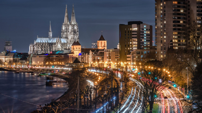 Обои картинки фото города, кельн , германия, река, вечер, огни
