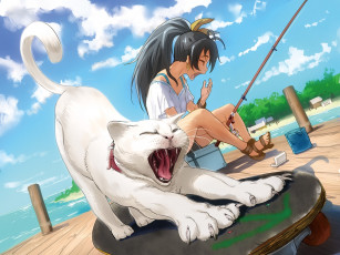 Картинка аниме idolm@ster idolmaster ganaha hibiki девушка кошка зевает рыбалка потягивается пирс удочка