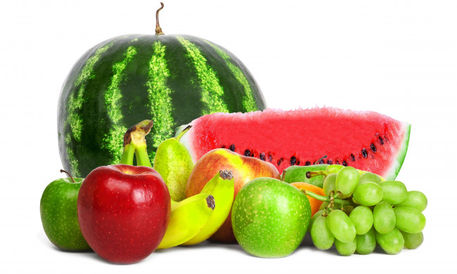 Обои картинки фото еда, фрукты, ягоды, арбуз, бананы, яблоки, виноград