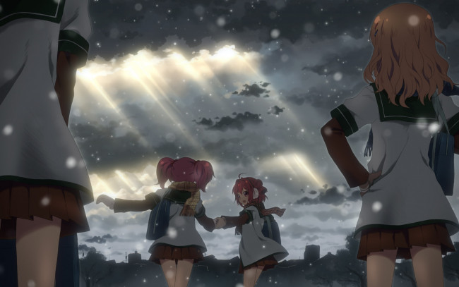 Обои картинки фото аниме, yuru, yuri, снег, небо, девушки