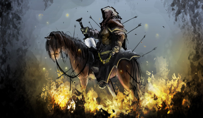 Обои картинки фото фэнтези, всадники, наездники, лошадь, меч, стрелы