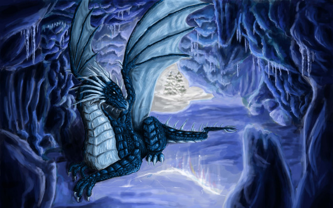 Обои картинки фото фэнтези, драконы, пещера, крылья, лед, хвост
