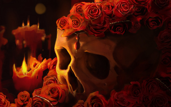 Обои картинки фото фэнтези, нежить, розы, череп, свеча