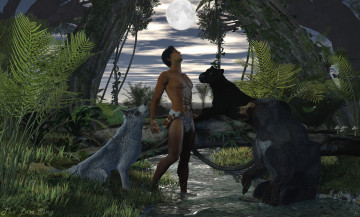 Картинка 3д+графика фантазия+ fantasy маугли звери мужчина луна лес