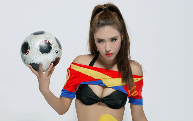 Обои картинки фото спорт, футбол, фон, кубок, мира, мяч, девушка, бразилия