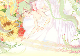 Картинка аниме vocaloid hatsune miku девушка цветы ноты арт